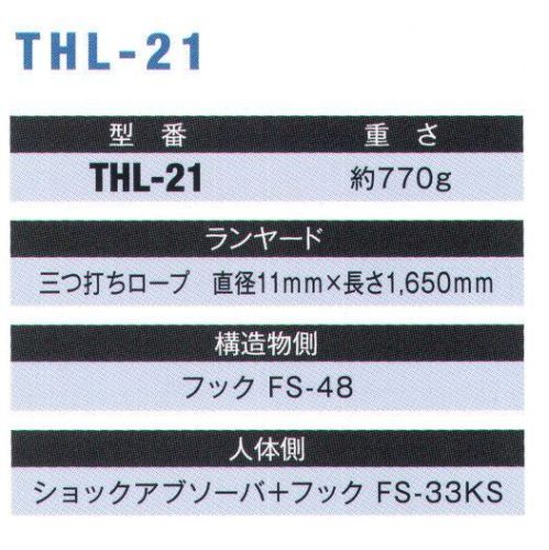 藤井電工 THL-21 柱上作業 フルハーネス用ランヤード（THL-21-R23） 柱上作業に適したフルハーネス用ランヤードで、構造物側フックに小型で軽量なフックを採用しています。【ランヤード】三つ打ちロープ:直径11mm×長さ1，650mm※この商品は受注生産になります。※受注生産品につきましては、ご注文後のキャンセル、返品及び他の商品との交換、色・サイズ交換が出来ませんのでご注意ください。※受注生産品のお支払い方法は、先振込（代金引換以外）にて承り、ご入金確認後の手配となります。 サイズ／スペック